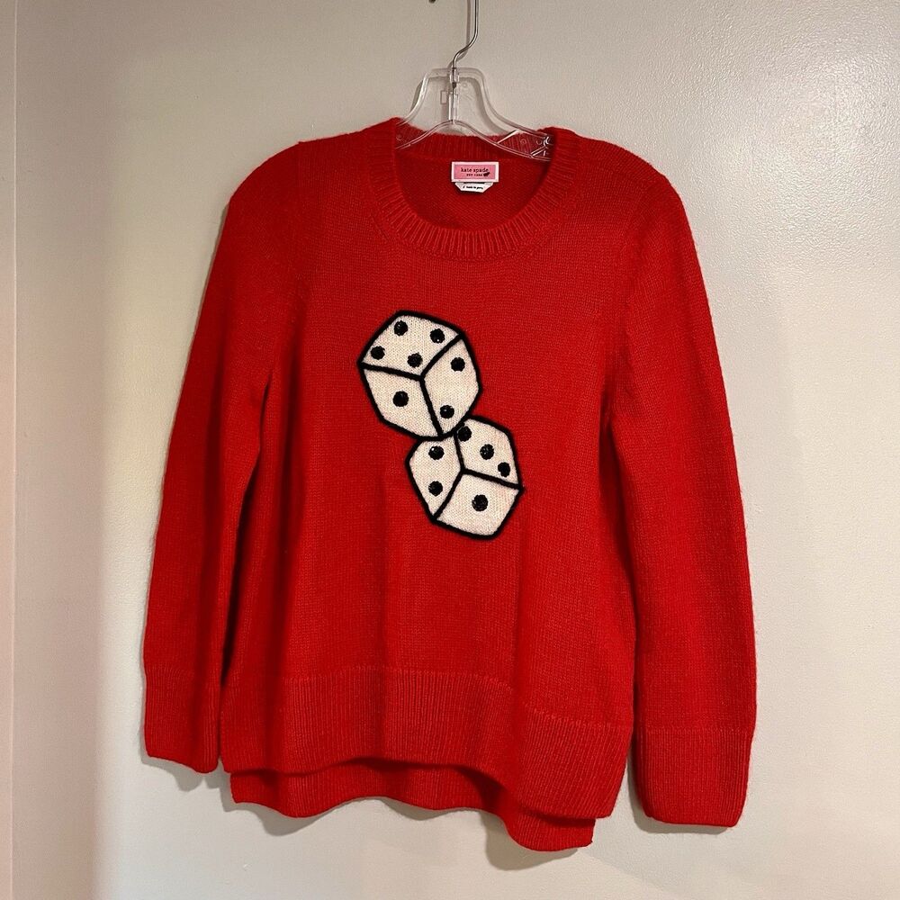 Kate Spade Womans Size Small Red Dice Sequins Alpaca Wool Crewneck High Low